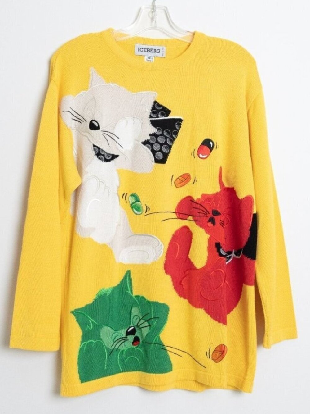 Vintage Iceberg Cat Knit Sweater Yellow Cartoon Graphic Rave Italy Unisex S